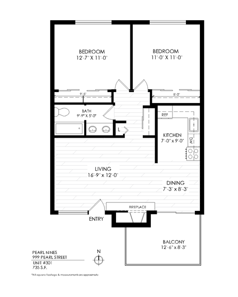 Floor plan for 2 beds, 1 bath, 735 sqft